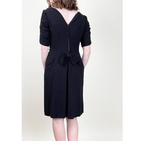 Vintage 1960s Little Black Dress Mini Midi Pleated Drape Preppy Bow Handmade 60s - Picture 3 of 7